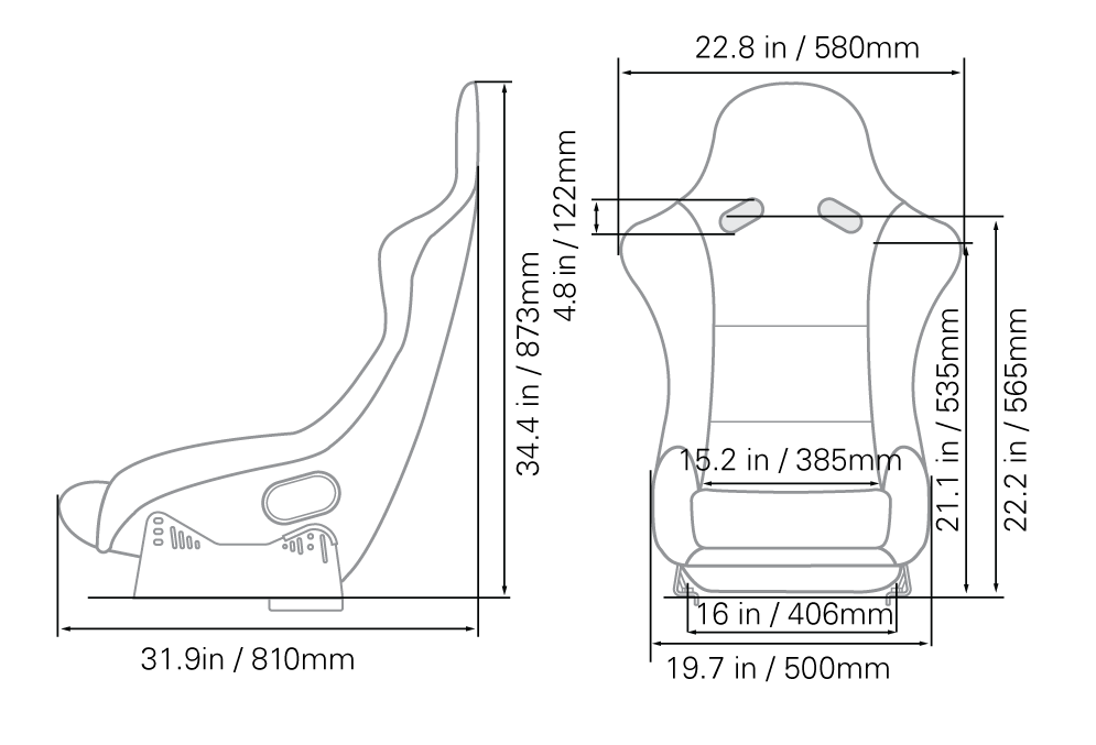 APEX Origins dimensional drawing showing side profile and front view with height, depth, and width measurements