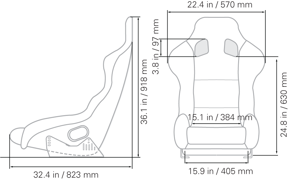 APEX XL dimensional drawing showing side profile and front view with height, depth, and width measurements